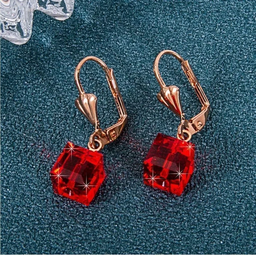 14K Yellow Gold with Ruby Red Austrian Crystal Cube Leverback Dangling Earrings